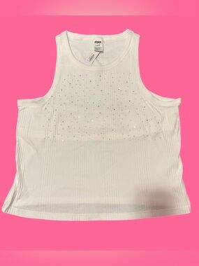 PINK Victoria's Secret White Embellished Cold-Shoulder Rib Tank